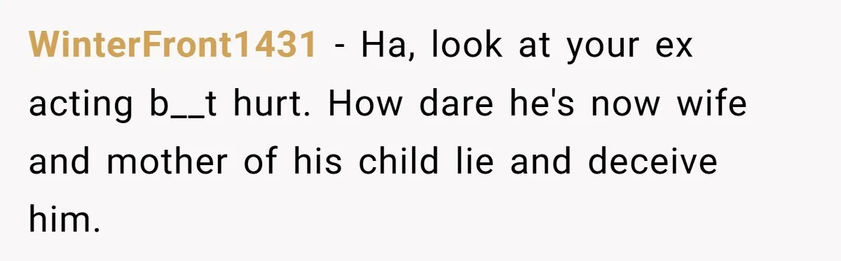 "The Ultimate Long Game": Mom Ruins Ex’s Marriage With One Perfectly Placed Lie WinterFront1431 − Ha, look at your ex acting b__t hurt. How dare he's now wife and mother of his child lie and deceive him.