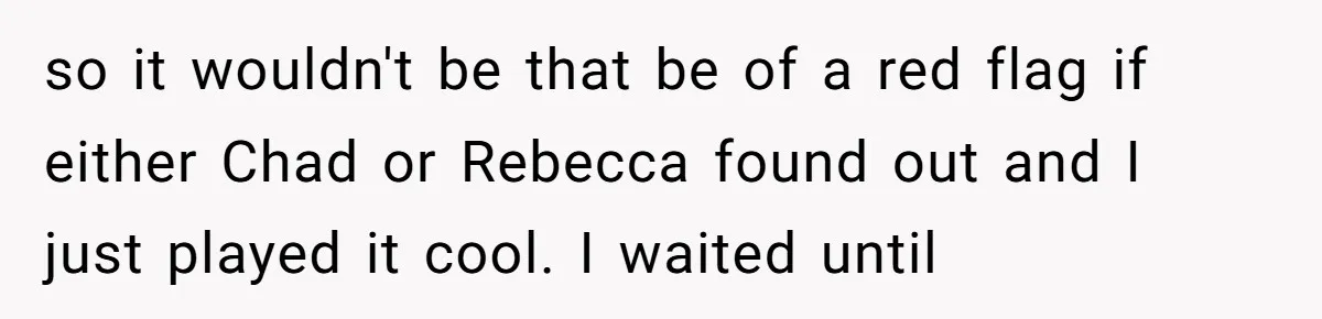 "The Ultimate Long Game": Mom Ruins Ex’s Marriage With One Perfectly Placed Lie so it wouldn't be that be of a red flag if either Chad or Rebecca found out and I just played it cool. I waited until