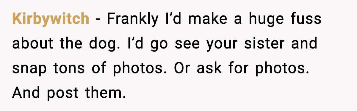 Kirbywitch - Frankly I’d make a huge fuss about the dog. I’d go see your sister and snap tons of photos. Or ask for photos. And post them.