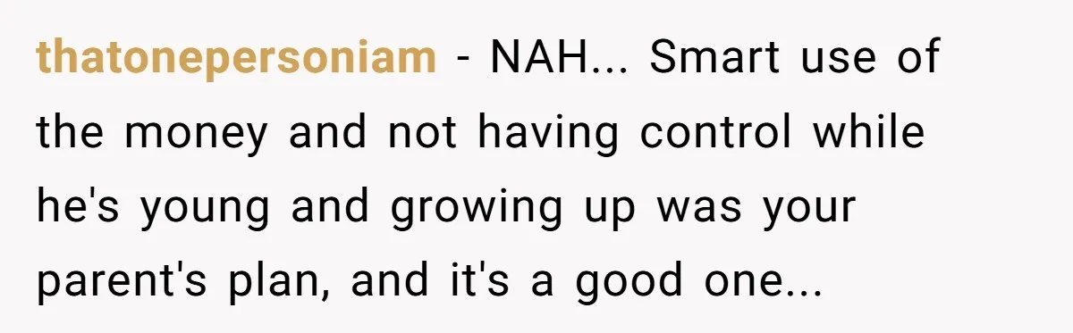 thatonepersoniam − NAH... Smart use of the money and not having control while he's young and growing up was your parent's plan, and it's a good one...