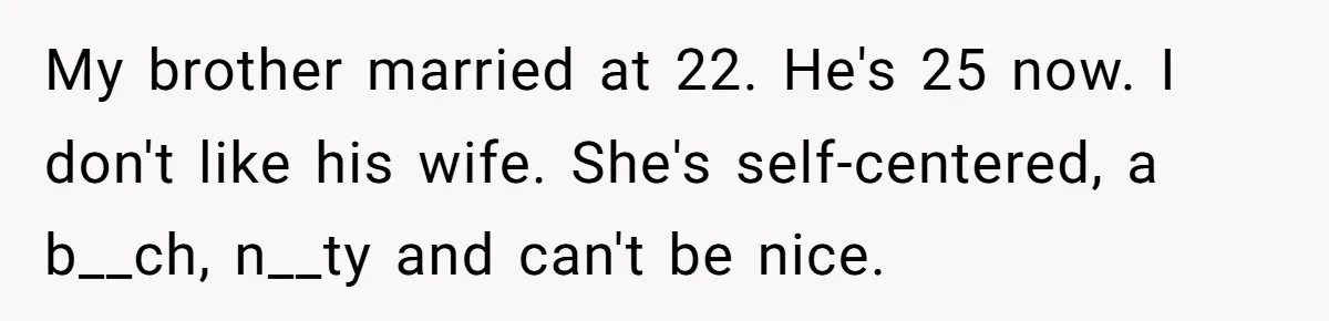 My brother married at 22. He's 25 now. I don't like his wife. She's self-centered, a b__ch, n__ty and can't be nice.
