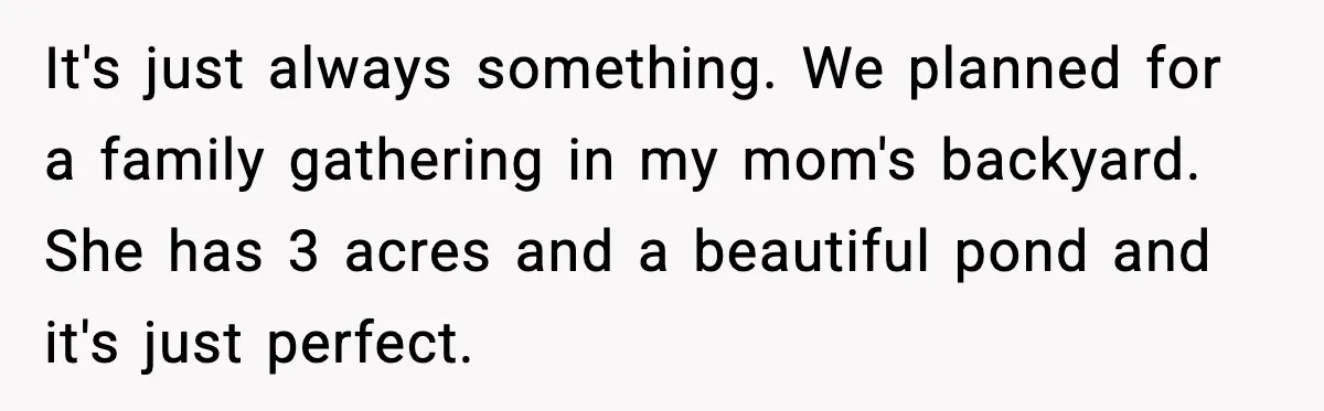 It's just always something. We planned for a family gathering in my mom's backyard. She has 3 acres and a beautiful pond and it's just perfect.