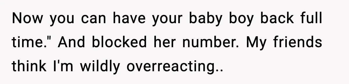 Now you can have your baby boy back full time." And blocked her number. My friends think I'm wildly overreacting..