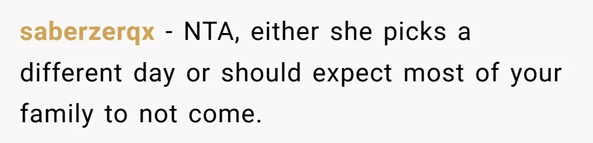saberzerqx − NTA, either she picks a different day or should expect most of your family to not come.