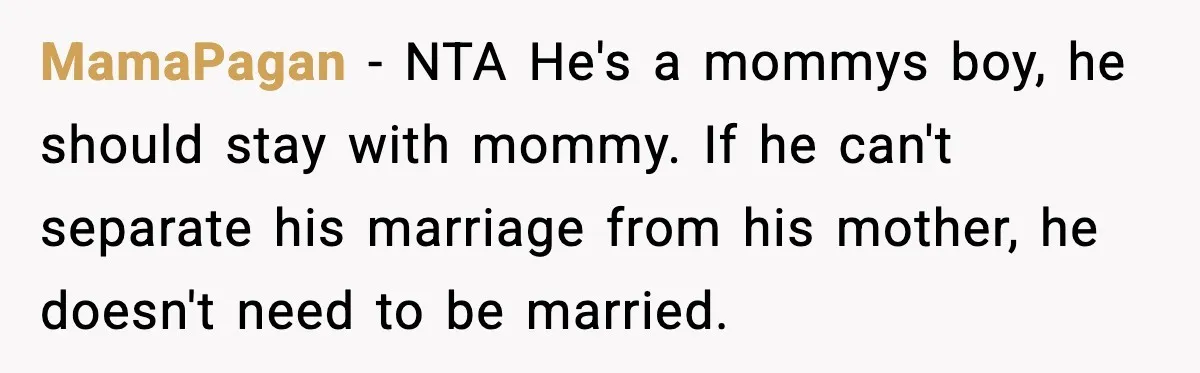 MamaPagan - NTA He's a mommys boy, he should stay with mommy. If he can't separate his marriage from his mother, he doesn't need to be married.