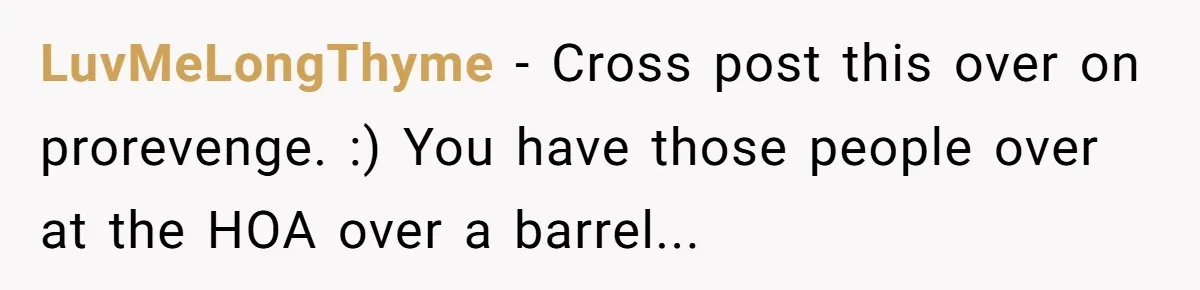 LuvMeLongThyme − Cross post this over on prorevenge. :) You have those people over at the HOA over a barrel...