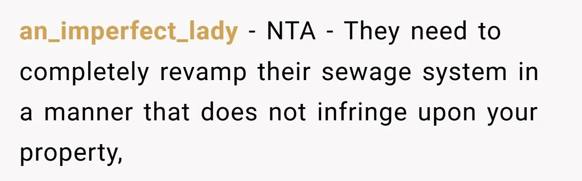 an_imperfect_lady − NTA - They need to completely revamp their sewage system in a manner that does not infringe upon your property,