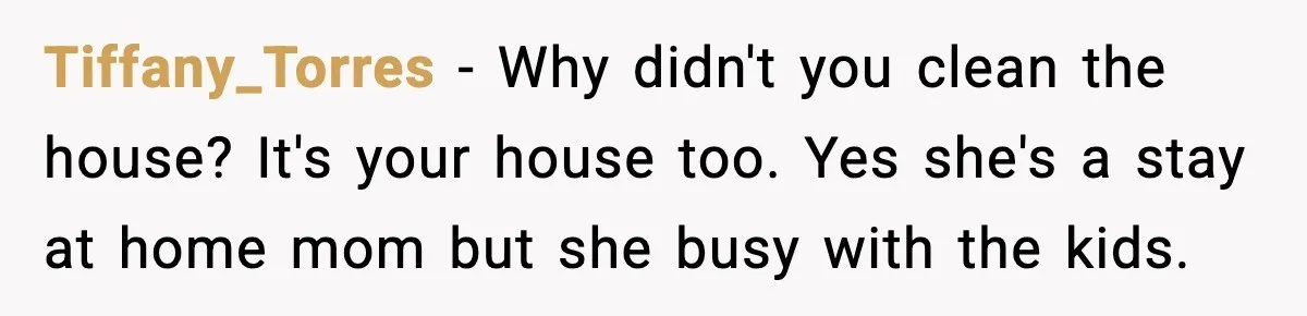 Tiffany_Torres - Why didn't you clean the house? It's your house too. Yes she's a stay at home mom but she busy with the kids.