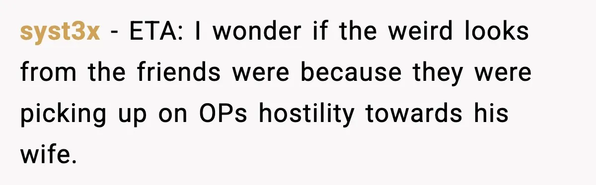 syst3x - ETA: I wonder if the weird looks from the friends were because they were picking up on OPs hostility towards his wife.