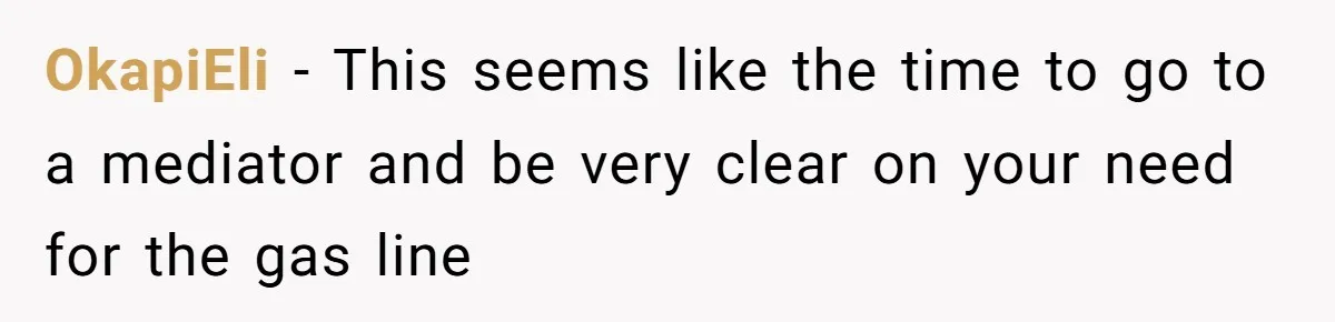 OkapiEli − This seems like the time to go to a mediator and be very clear on your need for the gas line