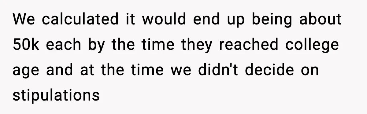 We calculated it would end up being about 50k each by the time they reached college age and at the time we didn't decide on stipulations