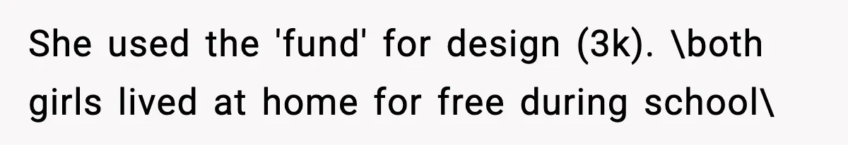 She used the 'fund' for design (3k). \both girls lived at home for free during school