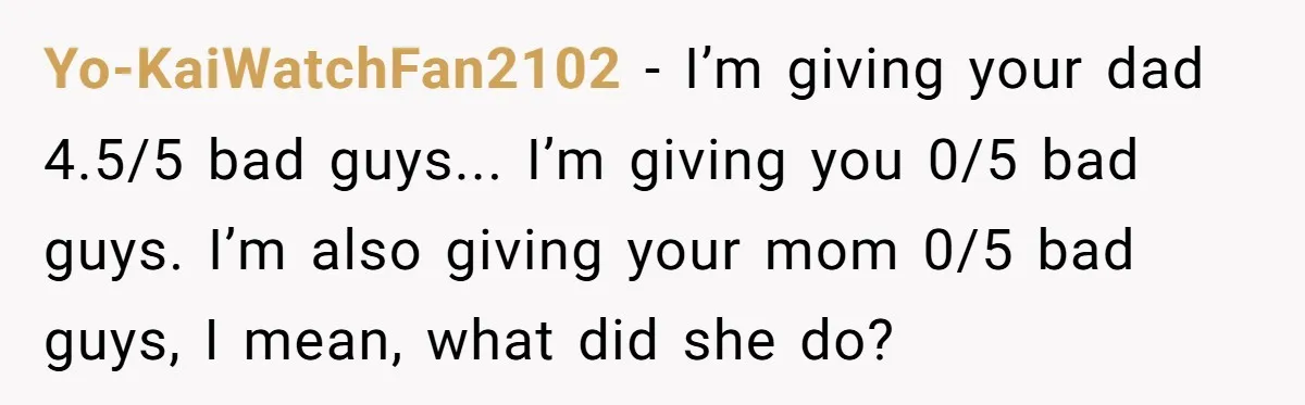 Yo-KaiWatchFan2102 − I’m giving your dad 4.5/5 bad guys... I’m giving you 0/5 bad guys. I’m also giving your mom 0/5 bad guys, I mean, what did she do?