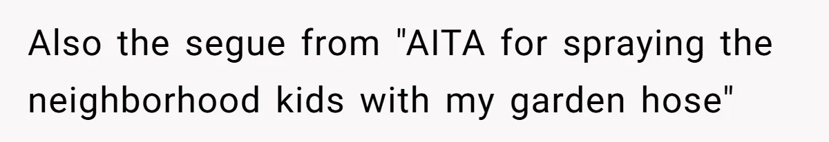Also the segue from "AITA for spraying the neighborhood kids with my garden hose"