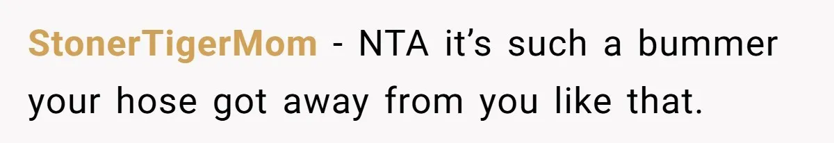StonerTigerMom − NTA it’s such a bummer your hose got away from you like that.