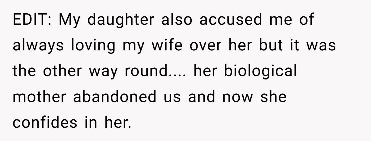 EDIT: My daughter also accused me of always loving my wife over her but it was the other way round.... her biological mother abandoned us and now she confides in...