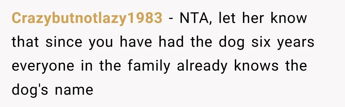 Crazybutnotlazy1983 − NTA, let her know that since you have had the dog six years everyone in the family already knows the dog's name