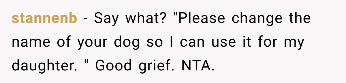 stannenb − Say what? "Please change the name of your dog so I can use it for my daughter. " Good grief. NTA.