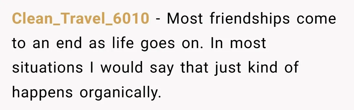 Clean_Travel_6010 − Most friendships come to an end as life goes on. In most situations I would say that just kind of happens organically.