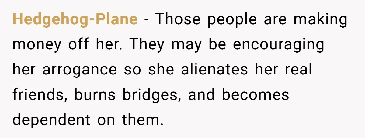 Hedgehog-Plane − Those people are making money off her. They may be encouraging her arrogance so she alienates her real friends, burns bridges, and becomes dependent on them.