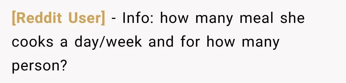 [Reddit User] − Info: how many meal she cooks a day/week and for how many person?