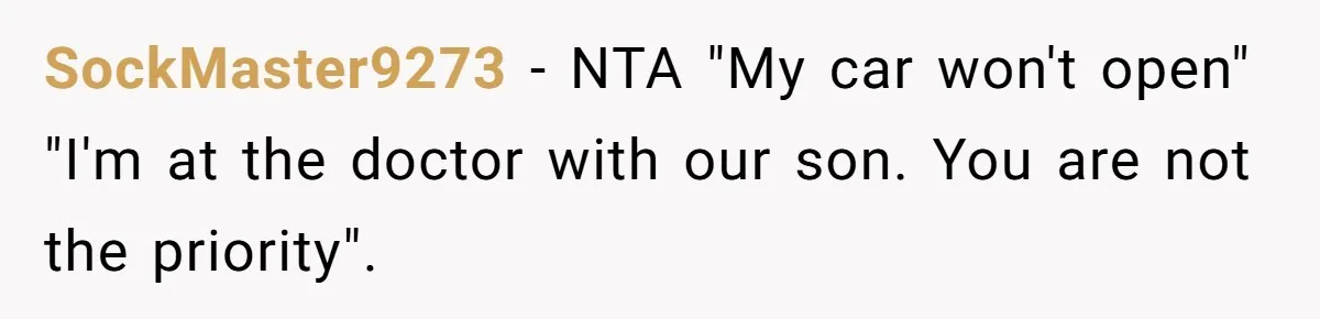SockMaster9273 − NTA "My car won't open" "I'm at the doctor with our son. You are not the priority".