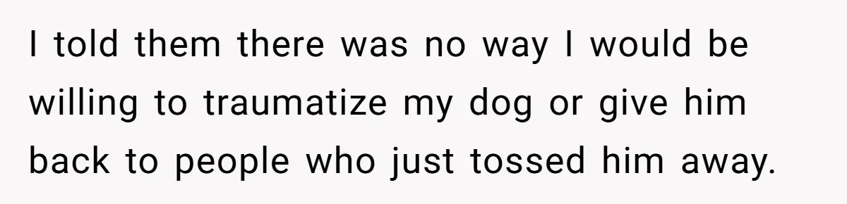 I told them there was no way I would be willing to traumatize my dog or give him back to people who just tossed him away.