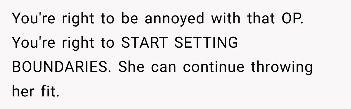 You're right to be annoyed with that OP. You're right to START SETTING BOUNDARIES. She can continue throwing her fit.