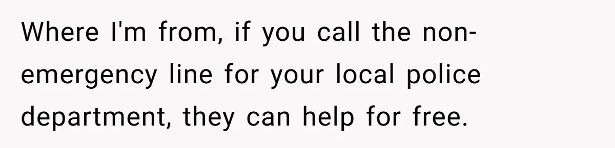Where I'm from, if you call the non-emergency line for your local police department, they can help for free.