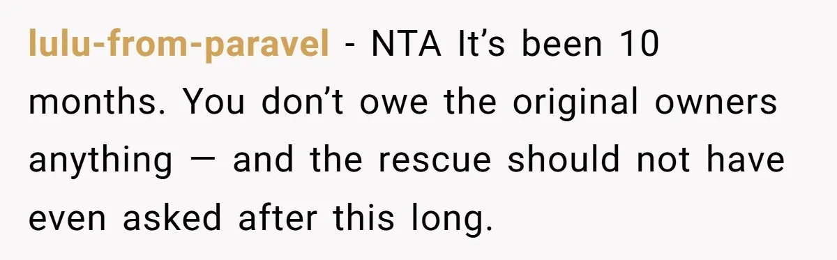 lulu-from-paravel − NTA It’s been 10 months. You don’t owe the original owners anything — and the rescue should not have even asked after this long.
