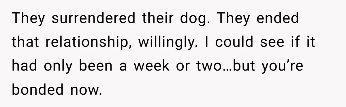 They surrendered their dog. They ended that relationship, willingly. I could see if it had only been a week or two…but you’re bonded now.