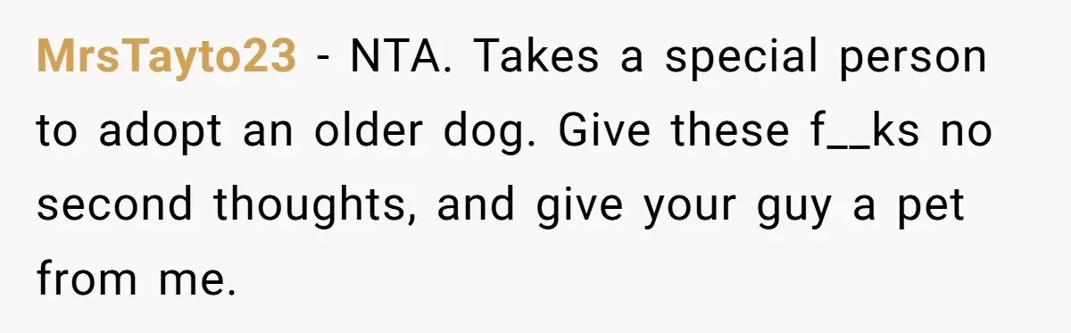 MrsTayto23 − NTA. Takes a special person to adopt an older dog. Give these f__ks no second thoughts, and give your guy a pet from me.