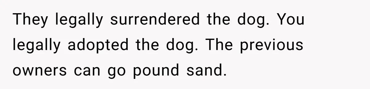 They legally surrendered the dog. You legally adopted the dog. The previous owners can go pound sand.