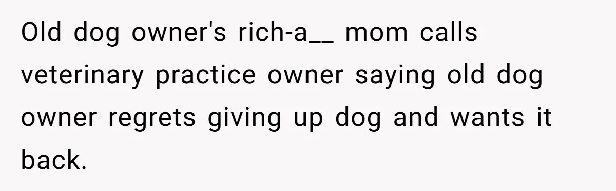Old dog owner's rich-a__ mom calls veterinary practice owner saying old dog owner regrets giving up dog and wants it back.