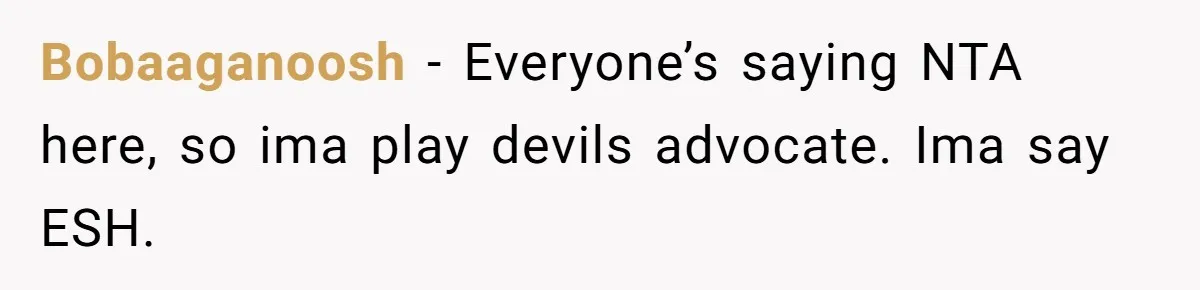 Bobaaganoosh − Everyone’s saying NTA here, so ima play devils advocate. Ima say ESH.
