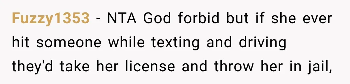 Fuzzy1353 − NTA God forbid but if she ever hit someone while texting and driving they'd take her license and throw her in jail,