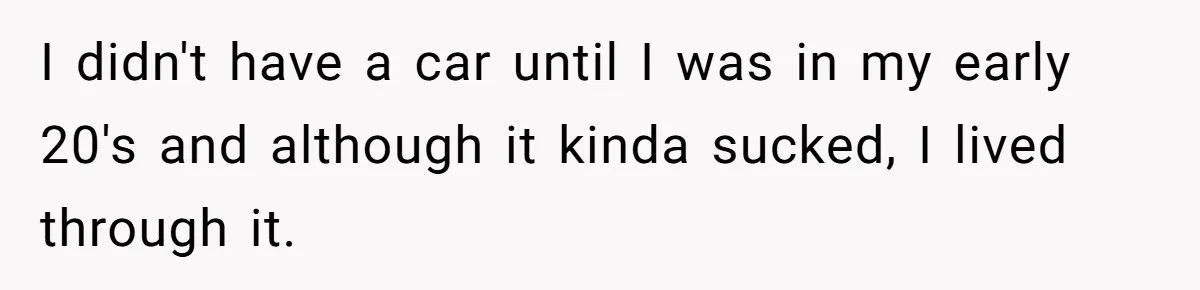 I didn't have a car until I was in my early 20's and although it kinda sucked, I lived through it.