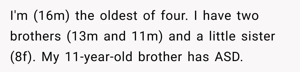 I'm (16m) the oldest of four. I have two brothers (13m and 11m) and a little sister (8f). My 11-year-old brother has ASD.