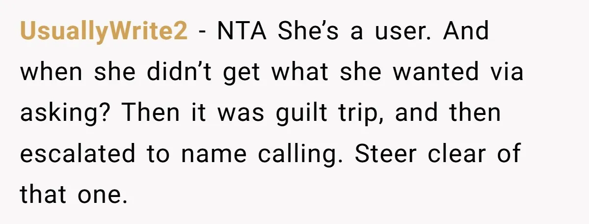 UsuallyWrite2 − NTA She’s a user. And when she didn’t get what she wanted via asking? Then it was guilt trip, and then escalated to name calling. Steer clear of...