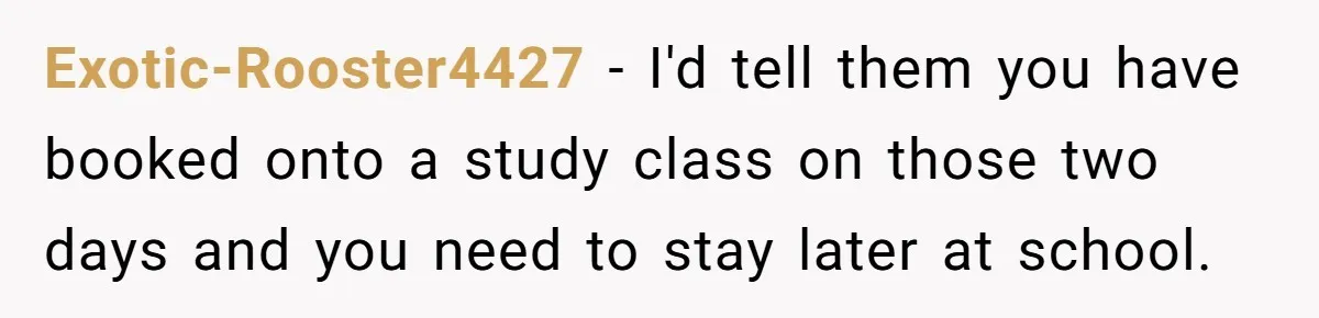 Exotic-Rooster4427 − I'd tell them you have booked onto a study class on those two days and you need to stay later at school.