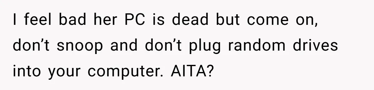 I feel bad her PC is dead but come on, don’t snoop and don’t plug random drives into your computer. AITA?