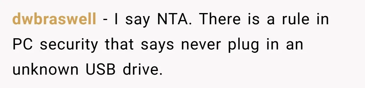 dwbraswell − I say NTA. There is a rule in PC security that says never plug in an unknown USB drive.