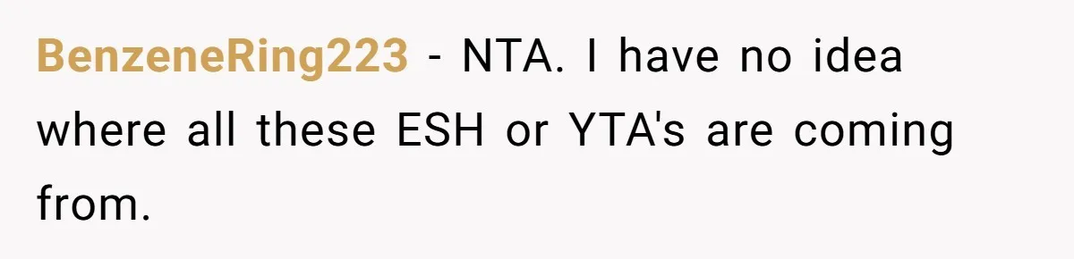 BenzeneRing223 − NTA. I have no idea where all these ESH or YTA's are coming from.