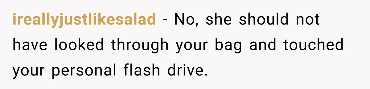 ireallyjustlikesalad − No, she should not have looked through your bag and touched your personal flash drive.