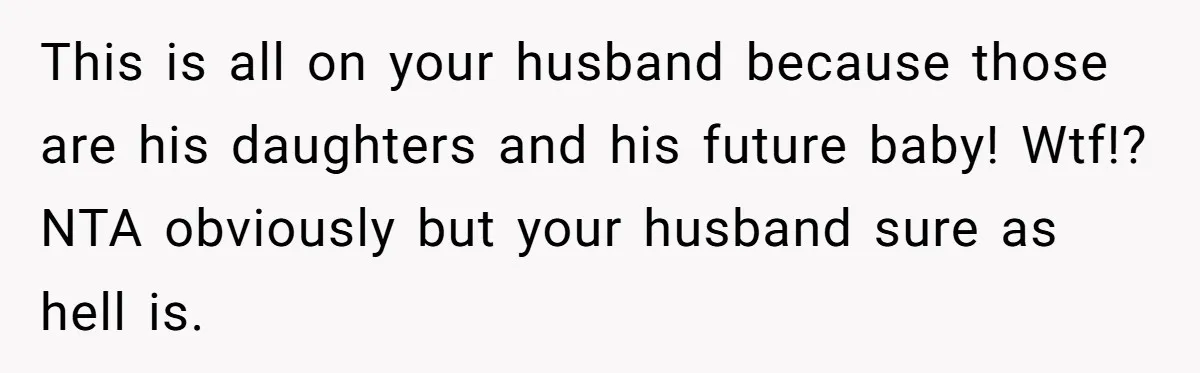 This is all on your husband because those are his daughters and his future baby! Wtf!? NTA obviously but your husband sure as hell is.