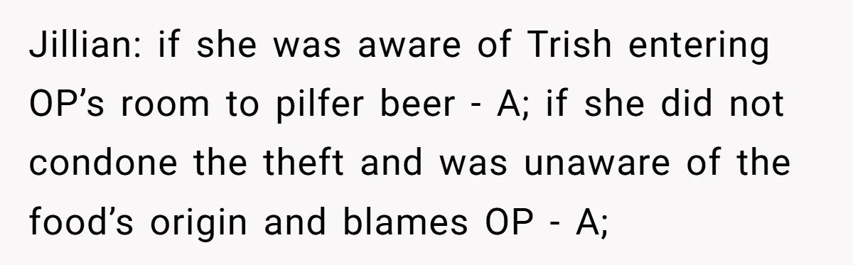 Jillian: if she was aware of Trish entering OP’s room to pilfer beer - A; if she did not condone the theft and was unaware of the food’s origin and...
