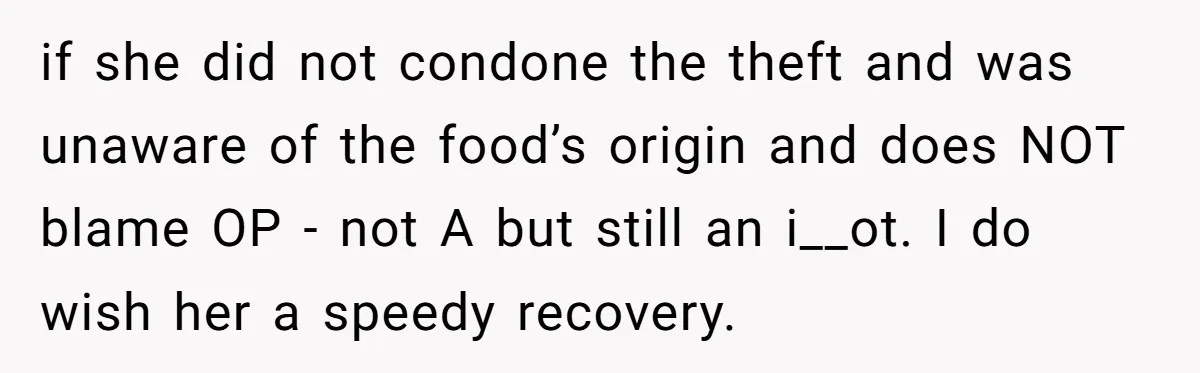 if she did not condone the theft and was unaware of the food’s origin and does NOT blame OP - not A but still an i__ot. I do wish her...