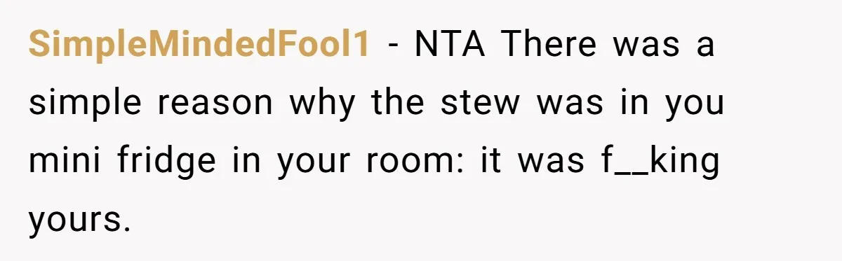 SimpleMindedFool1 − NTA There was a simple reason why the stew was in you mini fridge in your room: it was f__king yours.
