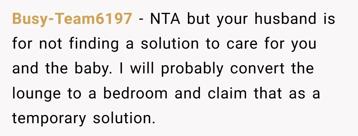 Busy-Team6197 − NTA but your husband is for not finding a solution to care for you and the baby. I will probably convert the lounge to a bedroom and claim...