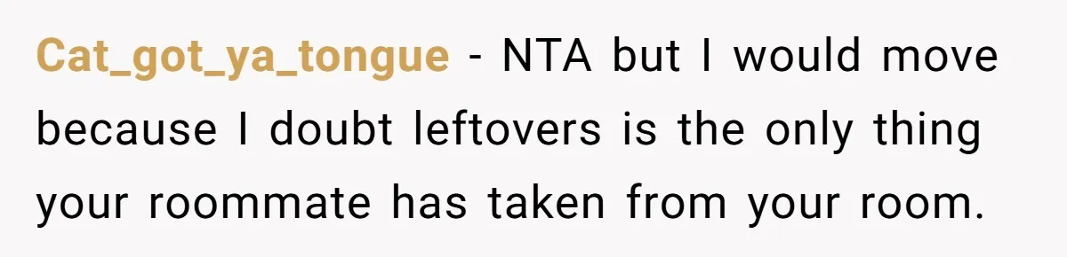 Cat_got_ya_tongue − NTA but I would move because I doubt leftovers is the only thing your roommate has taken from your room.